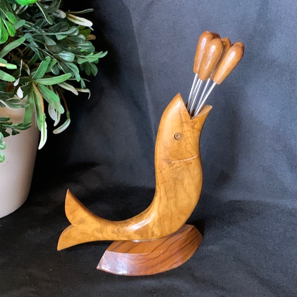 Vintage MCM olive wood fish cocktail skewer fork holder